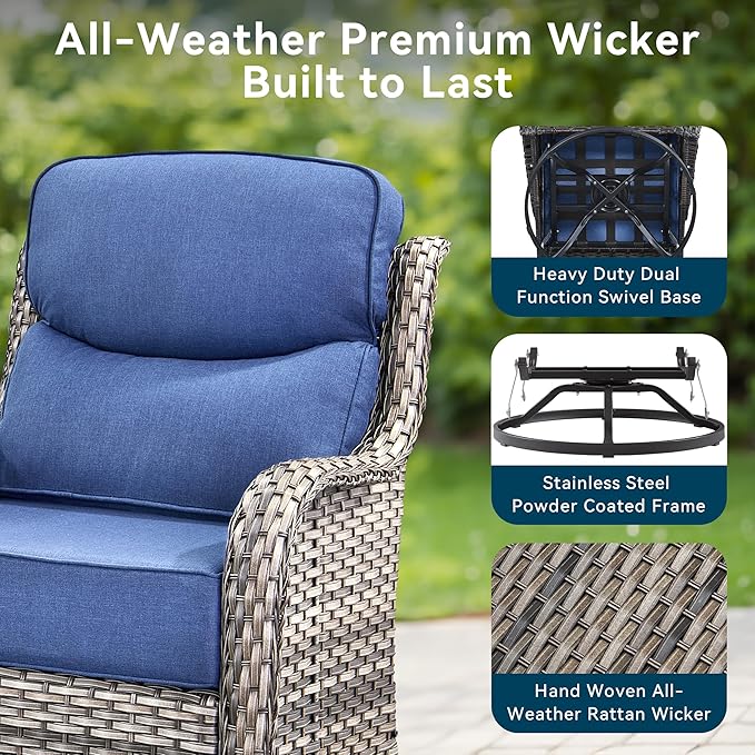 Luxury High Back Outdoor Furniture with 6-Inch Thick Cushions, Patio Furniture Set with Ottomans, 5 PCS Wicker Conversation Set for Porch, Balcony, Deck and Yard