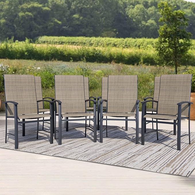 Outdoor Dining Chairs Set of 8, Stackable Patio Chairs with Metal Frame & Textilene Fabric, Perfect for Patio Garden Deck, Mocha