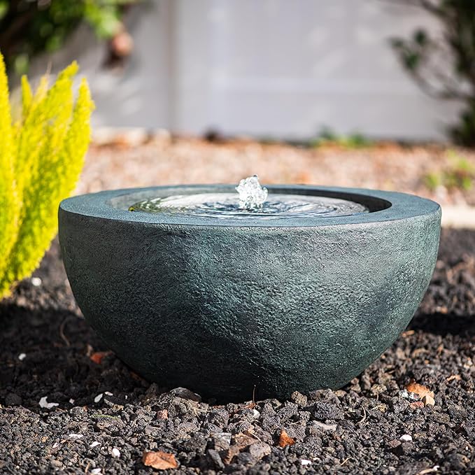 Xbrand 19.8" W Round Polyresin Indoor/Outdoor Sphere Water Feature w/LED Light, Garden Patio Fountain Decor, Dark Green, ALLS3542-2
