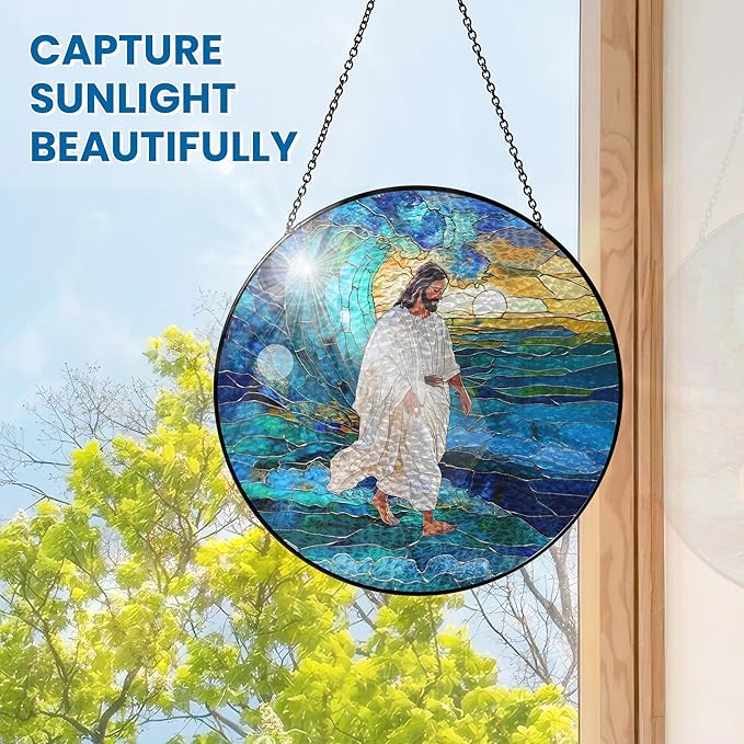 FLAGWIX Christmas Christian Gifts for Women Faith - Stained Glass Window Hanging 8 in - Religious Catholic Gifts for Women, Christian Sun Catchers Indoor Window for Home Garden Decor, Spiritual Gift