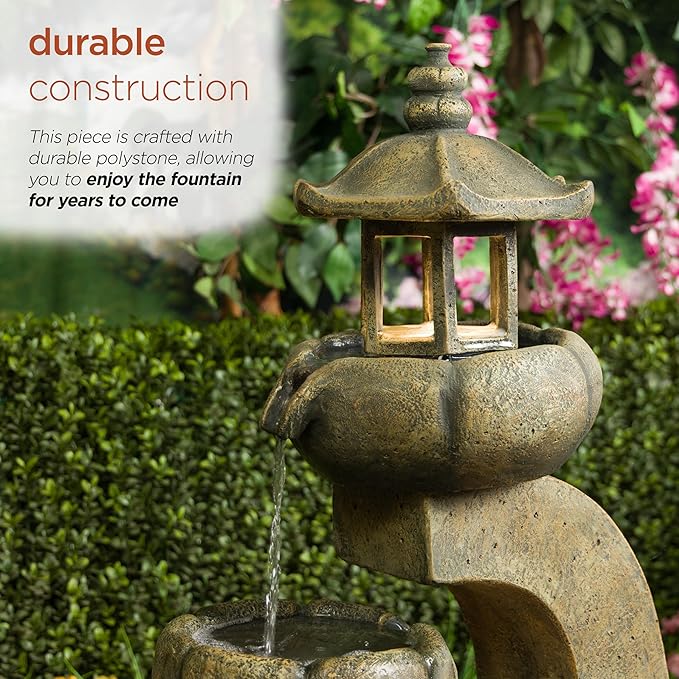 Alpine Corporation WIN1688 32" 2-Layer Pagoda Polystone Fountain with LED Lights, Cascading Waterfall, Outdoor Garden and Patio Water Feature, Zen Décor, Relaxing Sound, Brown