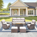 Luxury High Back Outdoor Furniture 6-Inch Thick Cushions with 50,000 BTU Gas Propane Fire Pit Tablet, Patio Furniture Set with Swivel Chairs, 6 PCS for Porch, Balcony, Deck and Yard