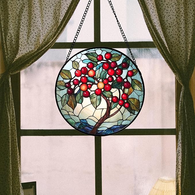 CRIS GIF Stained Glass Window Hanging - Red Fruit Tree Landscape Suncatcher for Doors Garden Patio Sun Catchers Decor Christmas Mother's Day Birthday Gifts for Women Men Mom Nana Friend 11.8 in