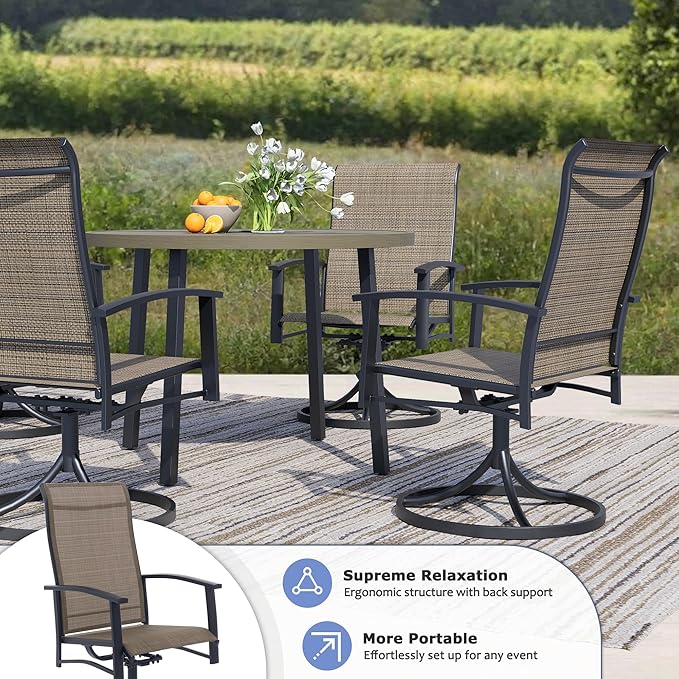 Outdoor Patio Swivel Dining Chairs Set of 6, All-Weather Swivel Rocker Chairs with Textilene High Back and Black Rust-Proof Metal Frame, Perfect for Patio, Lawn, Garden, or Backyard, Mocha