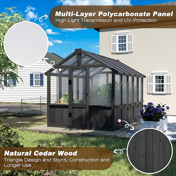 BlueWish 6x10FT Greenhouse, Greenhouse for Outdoor with Cedar Frame, Adjustable Vent, Wood Greenhouses with Polycarbonate Panel, Green House for Outside, Garden, Backyard, Black