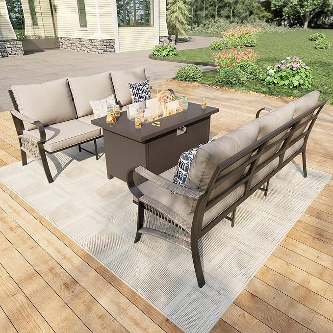 3 Pieces Outdoor Patio Conversation Sets with All Weather Cushions, Metal 2 Three-Seater Sofas, 1 Fire Pit Table for Backyard Deck Porch Poolside, Beige