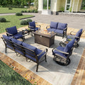 9 Pieces Modern Patio Furniture Set, All Weather Metal Outdoor Conversation Sets with Fire Pit Table for Backyard Garden Deck Porch Poolside, Blue