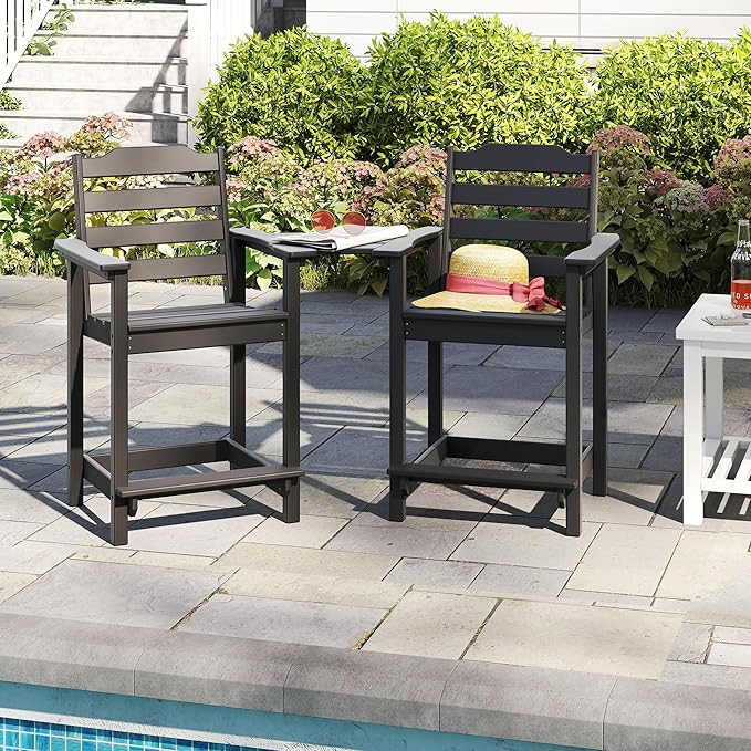OTSUN Tall Adirondack Chairs Set of 2 with Connecting Tray, 24 inches HDPE Bar Height Outdoor Chairs, All Weather Resistant for Balcony, Porch, Kitchen (2 PCS, Black)