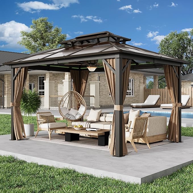EROMMY 10' x 13' Gazebo Polycarbonate Double Roof Canopy Outdoor Aluminum Frame Pergola, Permanent Pavilion with Netting and Curtains for Garden Patio Lawns Parties