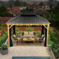 PURPLE LEAF 10' X 12' Outdoor Hardtop Gazebo for Patio Galvanized Steel Double Roof Permanent Canopy Teak Finish Coated Aluminum Frame Pavilion Gazebo with Netting and String Lights