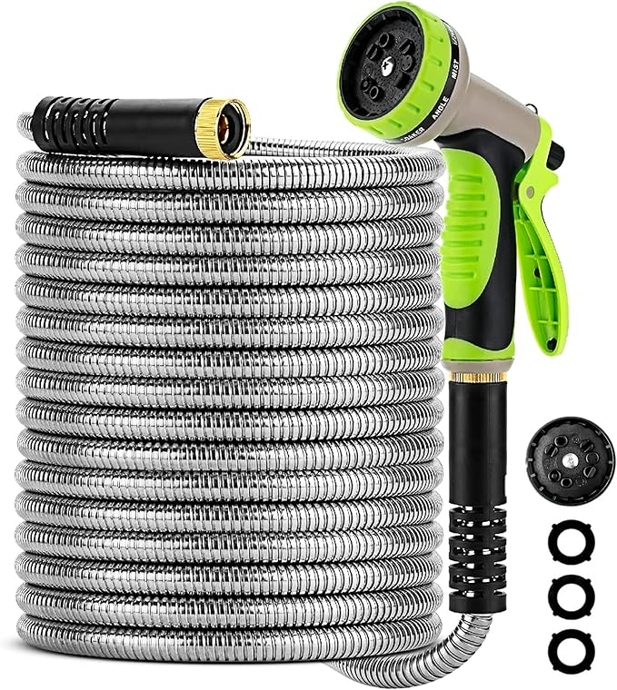 Stainless Steel Garden Hose 100FT with 10 Functione Nozzle, No Kink, Leak-Proof, Lightweight and Flexible Metal Garden Hose for Lawn, Car, RV, Outdoor Watering, Pet Bathing