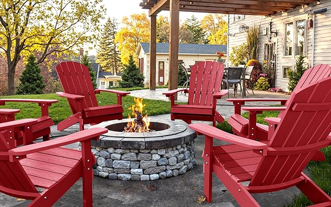 YEFU Adirondack Chairs Set of 6: Plastic Adirondack Chairs - Patio Chairs with Wood Texture - Outdoor Chair HIPS - Lawn Fire Pit Deck Porch Garden Chairs for Adults (Red)