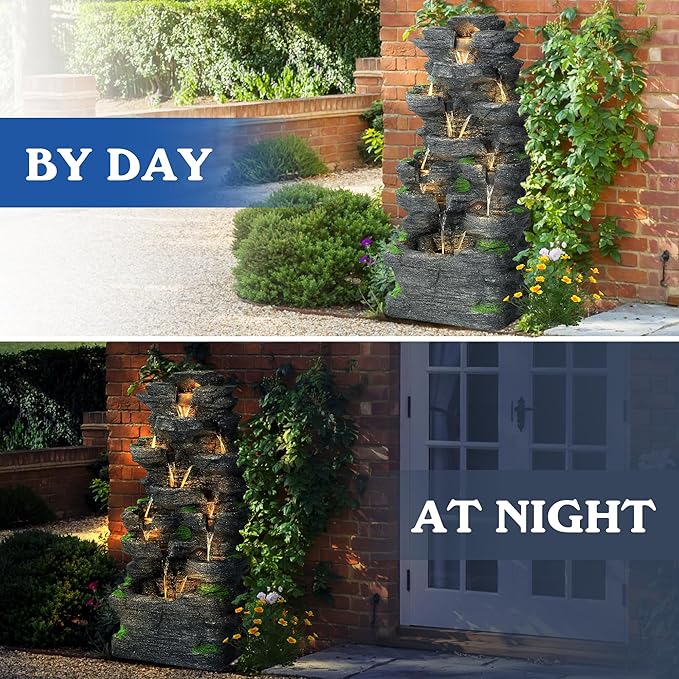 40''H Outdoor Water Fountain - Garden Rock Waterfall Fountains, Outdoor/Indoor Floor Standing Resin Water Fountain with 10 LED Light for Patio, Garden and Backyard, Deck, Porch, Home