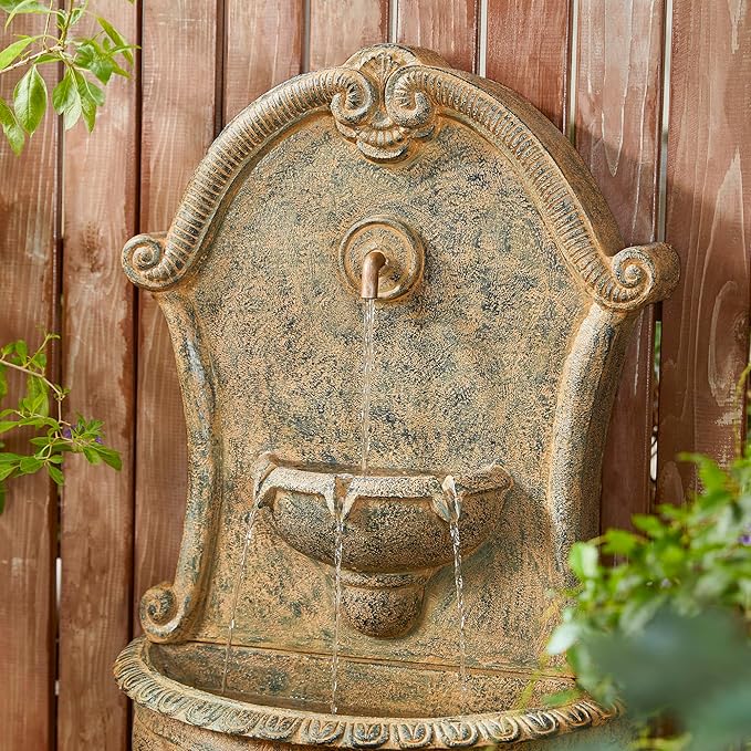 Glitzhome Outdoor Wall Mounted Water Fountain with LED Light and Pump, Antique European Style Multi-Tiered Faux Granite Sculptural Pedestal Outdoor Fountain for Porch Deck Patio Backyard, 49.25" H