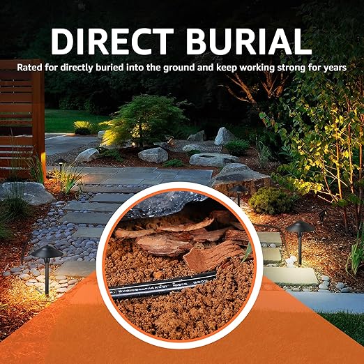 SUNVIE 100FT 14 Gauge Low Voltage Wire 14/2 Low Voltage Landscape Wire, 14 Gauge Stranded Copper Wire Direct Burial Lamp Wire 14 AWG 2 Conductor Electric Wire for Landscape Lighting, ETL Listed