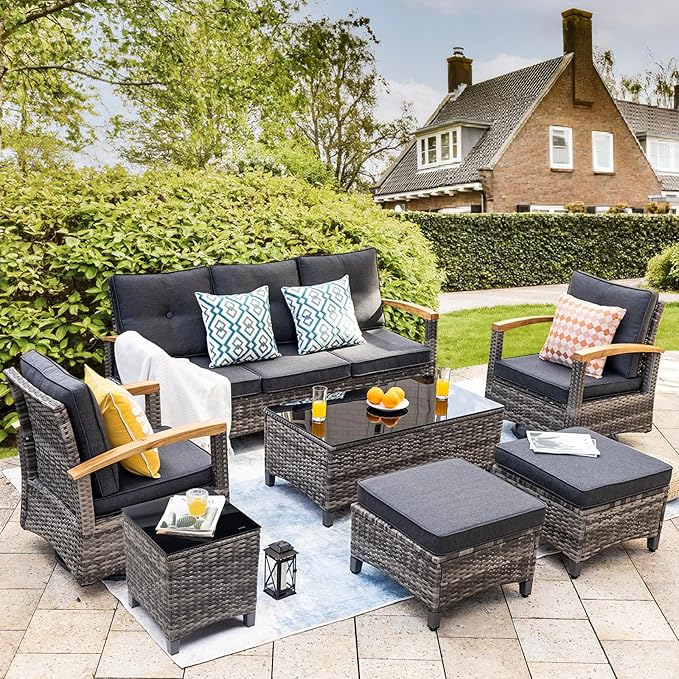 MEISSALIVVE 7 Pieces Patio Furniture Sets,PE Wicker Outdoor Conversation Sets with 2 Wood Armrests Swivel Rocker Chairs, 2 Ottoman, 3-seat Sofa and Coffee Table(Grey)