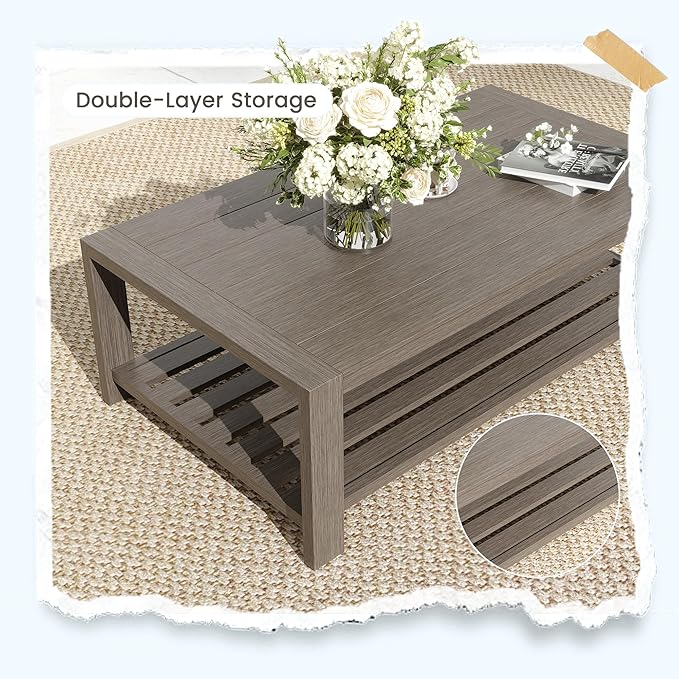 UDPATIO 5 Piece Faux Wood Aluminum Patio Furniture Set 6 Seats Modern Outdoor Furniture Patio Conversation Sets with Coffee Table for Balcony, Backyard, 600D Waterproof Cover Included, Light Grey