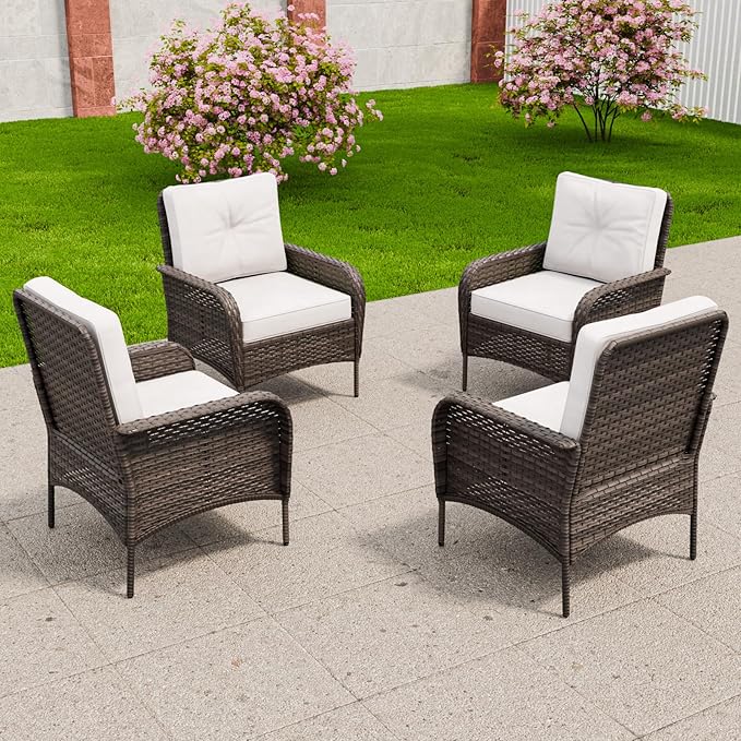 COOS BAY Vintage Courtyard Patio Chairs, Wicker Armchairs, Rattan Patio Dining Set of 4, Outdoor Seating for Deck or Balcony, Gray/Beige