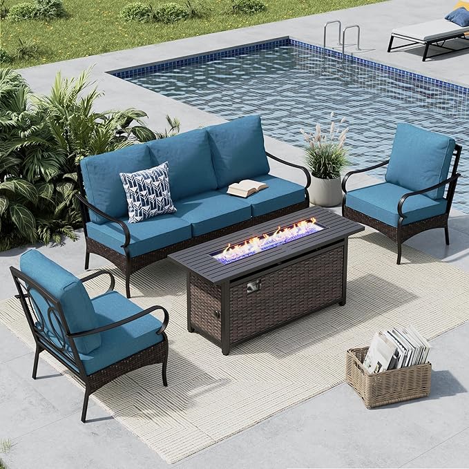 MFSTUDIO 4 Pieces Outdoor Patio Furniture Set, Metal Outdoor Conversation Set, Rattan Wicker Patio Sectional Set with 2 x Fixed Single Sofa, 3-Seat Sofa, 1 x Fire Pit Table, Navy Blue