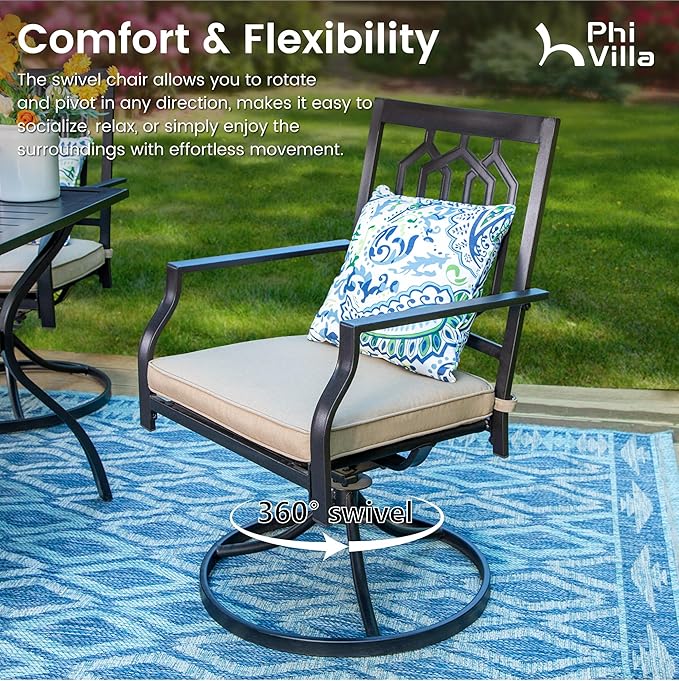 PHI VILLA Outdoor Metal Swivel Chairs Set of 2 Patio Dining Rocker Chair with Cushion Furniture Set for Garden Backyard Bistro, Black