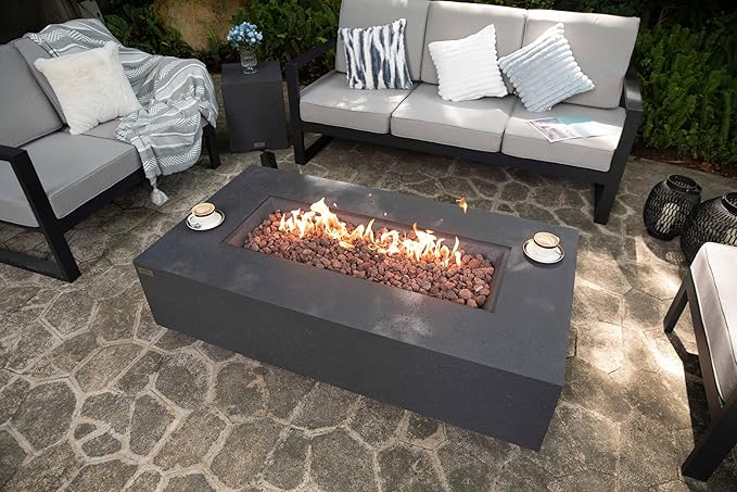 AMS Creations | Madison 60" Rectangular Propane Gas Outdoor Fire Pit Table | Dark Gray Concrete GFRC | Limestone Texture or Surface | Electronic Ignition | Outside Backyard Fireplace