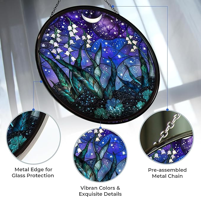 Customized Night Lily of The Valley Stained Glass Window Hanging Sun Catcher Halloween Haning Ornament Decoration Christmas Birthday Gifts for Lover, Friends
