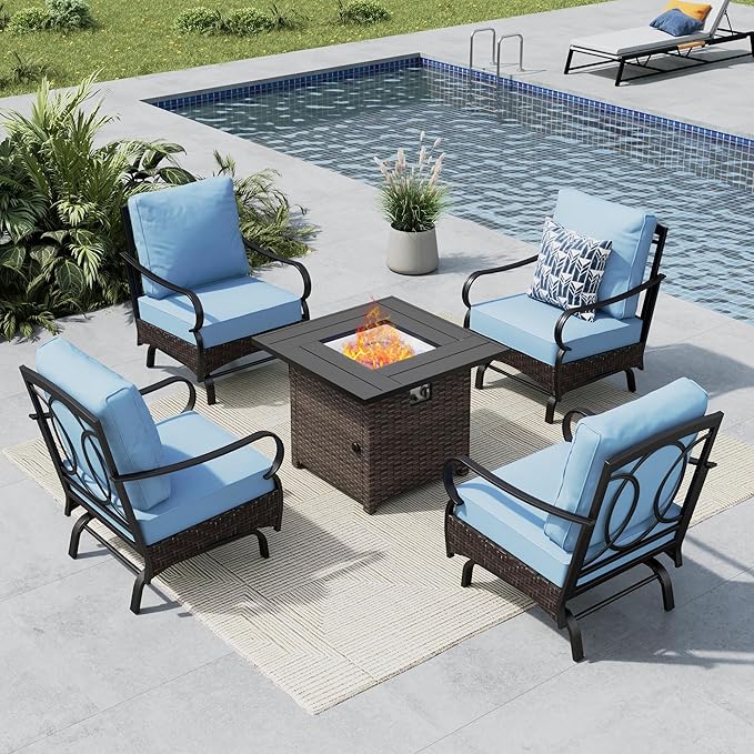 MFSTUDIO 5 Pieces Outdoor Patio Furniture Set, Metal Outdoor Conversation Sofa, Rattan Wicker Patio Sectional Sofa Set with 4 x Rocking Single Sofa, 1 x Fire Pit Table, Blue