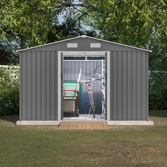 10X8 FT Outdoor Tool Storage Shed with Metal Foundation & Lockable Doors, All Weather Metal Sheds for Garden, Patio, Backyard, Lawn, Gray