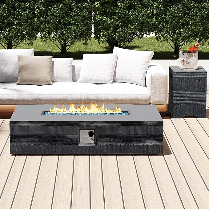 UPHA 56-inch Outdoor Propane Gas Fire Pit Table 50000 BTU Concrete Round FirePit for Outside Patio with Propane Tank Cover, Blue Glass Rocks, Rain Cover, Grey Texture