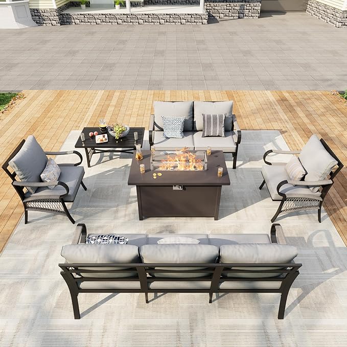 6 Pieces Patio Conversation Sets, All Weather Metal Outdoor Furniture Set, 3-Seater, 2 Single Chairs, 1 Loveseat, 1 Coffee Table, 1 Fire Pit Table for Backyard Garden Deck Porch Poolside, Gray