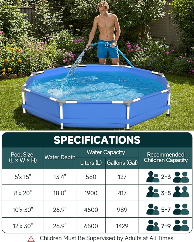 Above Ground Pools Family Swimming Pool for Outdoor Backyard with Pool Cover and Pool Mat: 8ft x 20in - Odor-Free Eco PE Material, Reinforced Steel Frame