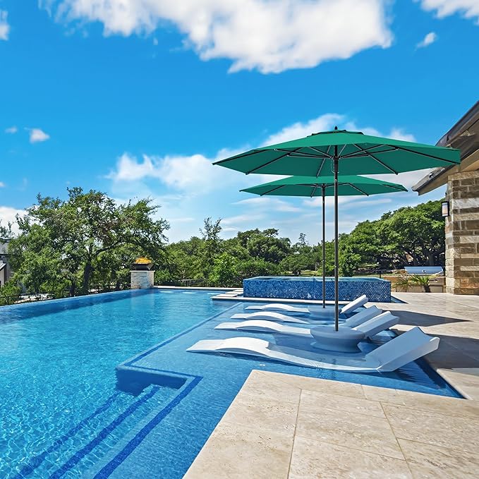 Midtown Umbrellas The Wooden 10 Feet Patio Umbrella With Sunbrella Canvas Teal Acrylic Fabric - Aluminum Frame Market Umbrella For Backyard, Deck, Garden, Pool - Wooden Pole