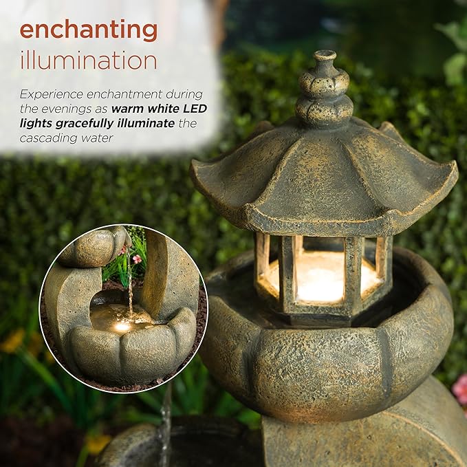 Alpine Corporation WIN1688 32" 2-Layer Pagoda Polystone Fountain with LED Lights, Cascading Waterfall, Outdoor Garden and Patio Water Feature, Zen Décor, Relaxing Sound, Brown