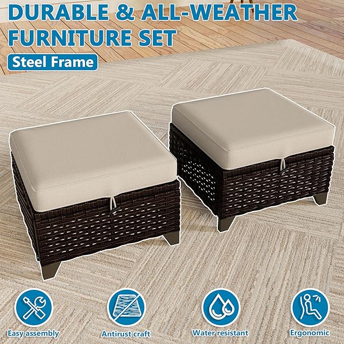 Vista Vibe 2 Pieces Patio Wicker Ottomans, Luxurious Footstools, Outdoor Small Footrest, Wicker Furniture with Removable Cushions, All-Weather PE Rattan, Garden, Backyard, Porch(Brown/Beige)
