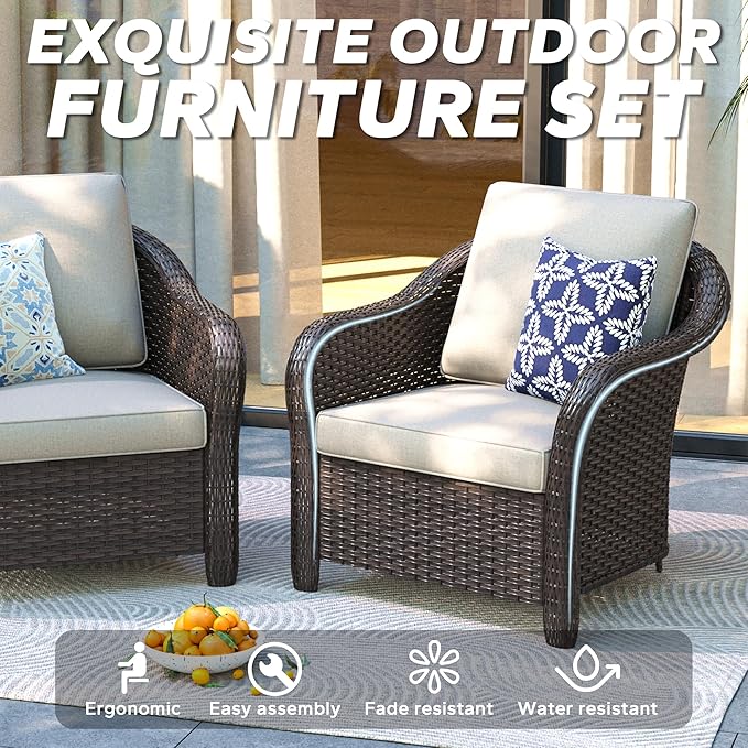 Patio PE Rattan Chairs Set of 2, All-Weather & Steel Frame Outdoor Conversation Furniture Set with Washable Cushions for Garden, Bistro, Deck, Yard (Beige)