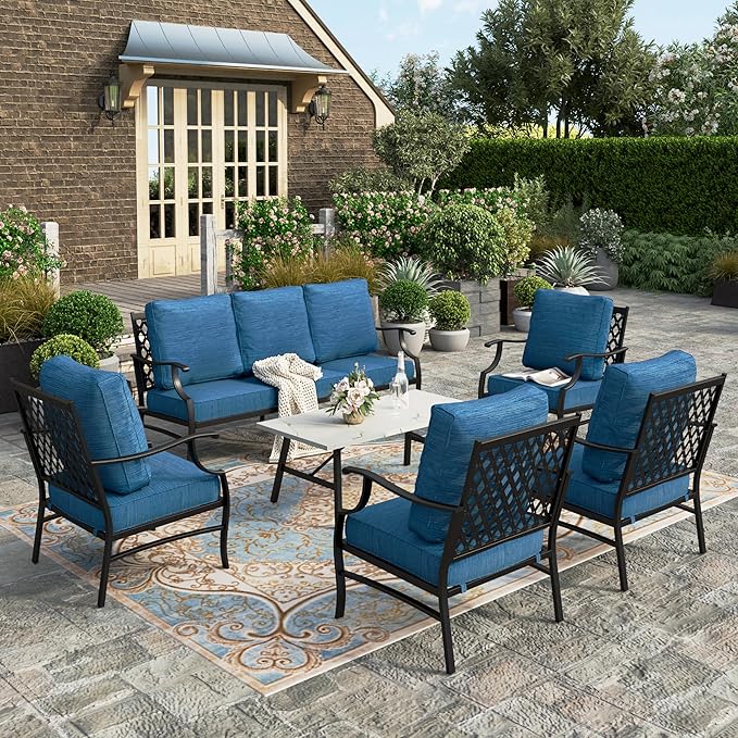 HERA'S HOUSE Outdoor Chairs Set of 2, 2 x Patio Chair with Pacific Blue Cushions, All Weather Outdoor Furniture for Lawn Garden Backyard Deck(Leg Chairs)
