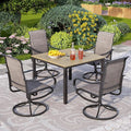 PHI VILLA 5 PCS Patio Dining Set, 4 Padded Swivel Dining Chairs & Square Brown Metal Slat Table Top with 1.57" Umbrella Hole, Outdoor Table and Chairs for All Weather