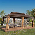 12' X 20' Hardtop Gazebo, Outdoor Galvanized Steel Double Roof Permanent Aluminum Frame Pavilion Pergola Canopy with Privacy Curtains for Garden, Patio, Backyard, Deck and Lawns.