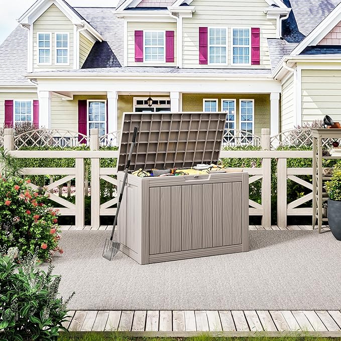 Outdoor Storage Box, Resin Deck Boxes Indoor and outdoor, Waterproof Storage Box Lockable Lid (Grey, 50 Gallon)