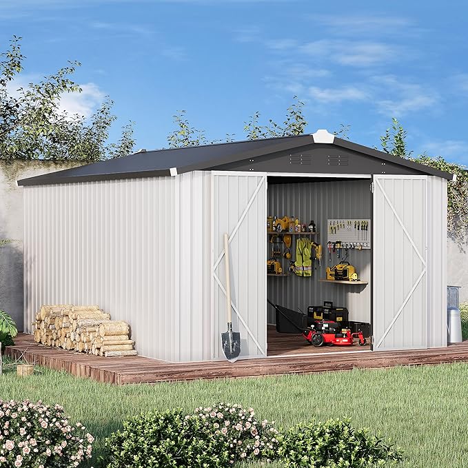 AECOJOY 10' x 14' Outdoor Storage Shed, 14x10 Large Metal Sheds & Outdoor Storage Clearance with Lockable Doors, Utility and Tool Storage Garden Shed for Backyard, Patio and Outside use