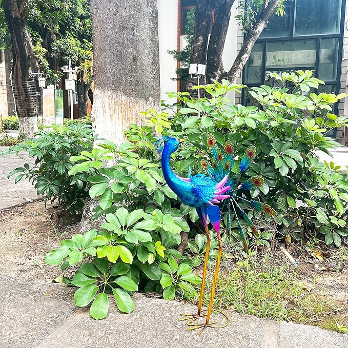 Metal Peacock Garden Statue, 36-Inch Iridescent Blue Purple Outdoor Sculpture, Decorative Lawn Art with Stand