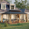 12' X 18' Hardtop Gazebo, Aluminum Wood-Looking Frame Outdoor Permanent Galvanized Steel Double Roof Pavilion Pergola Canopy with Privacy Curtains for Garden, Patio, Backyard, Deck and Lawns.