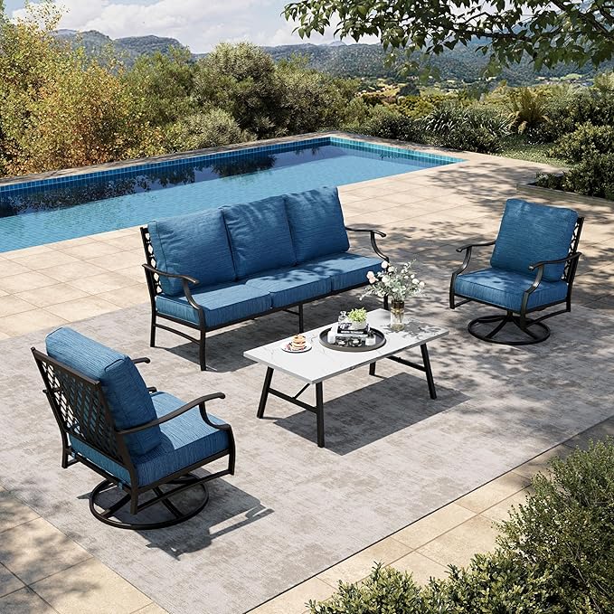 HERA'S HOUSE 4 Piece Patio Furniture Set, 2 x Swivel Cushioned Chair, 3-Seat Sofa with Marbling Coffee Table, All Weather Outdoor Conversation Set for Lawn Garden Backyard, Pacific Blue