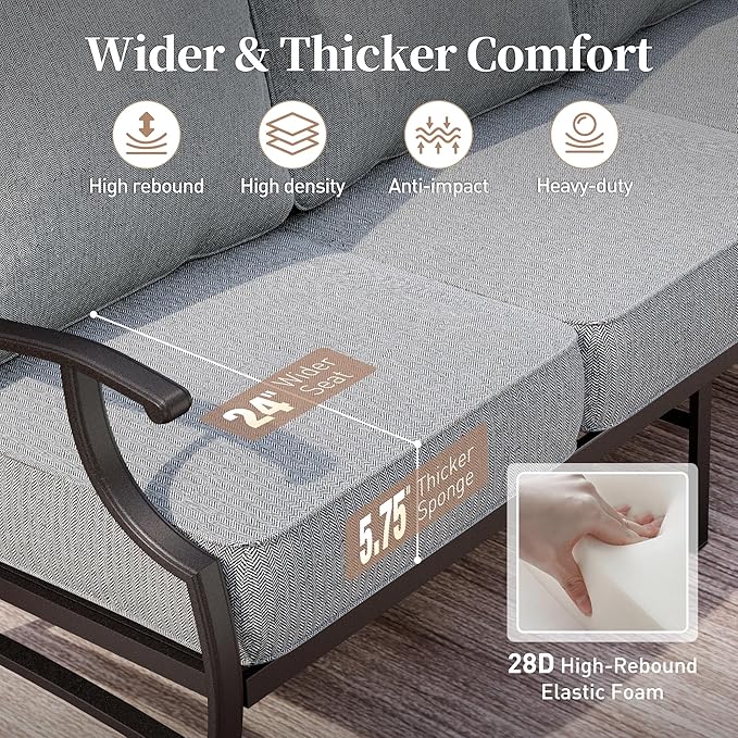 4 Piece Metal Outdoor Patio Furniture Sets, Patio Conversation Sets 1 3-seater Sofa, 2 Fixed Chair with 5.75" Extra Thick Cushion and Coffee Table, Black Frame Backyard Furniture, Gray