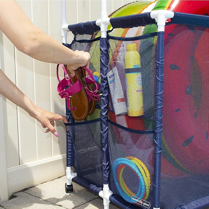 Essentially Yours Pool Storage Equipment Organizer Holder - Noodles, Toys, Balls, Floats Mesh Rolling Double Decker Bin, Large with Noodle Holder, (35.3" W x 23" L x 59.4" H), Blue/White Style 561935