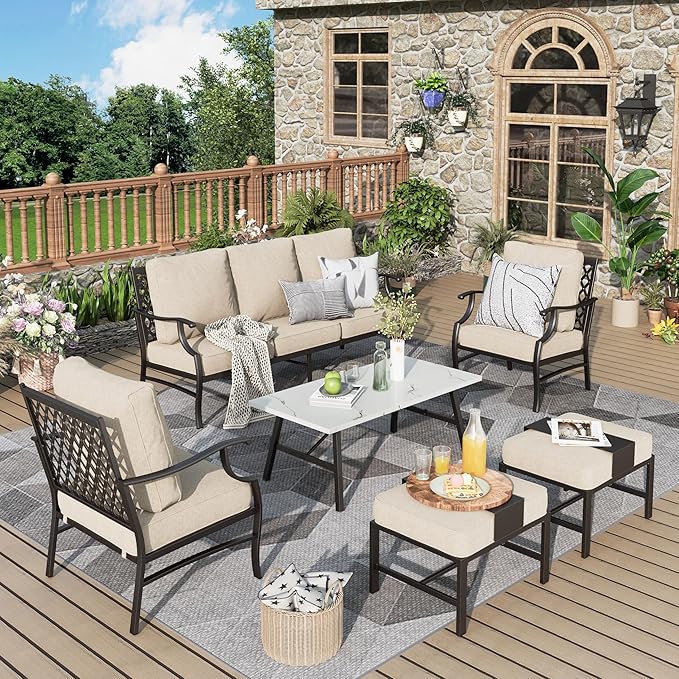 Patio Furniture Set 6 pcs, Outdoor Patio Furniture, 3-Seat Sofa, 2 Single Chairs, 2 Ottomans, Coffee Table and 5.75" Extra Thick Cushion, Patio Conversation Set,Beige