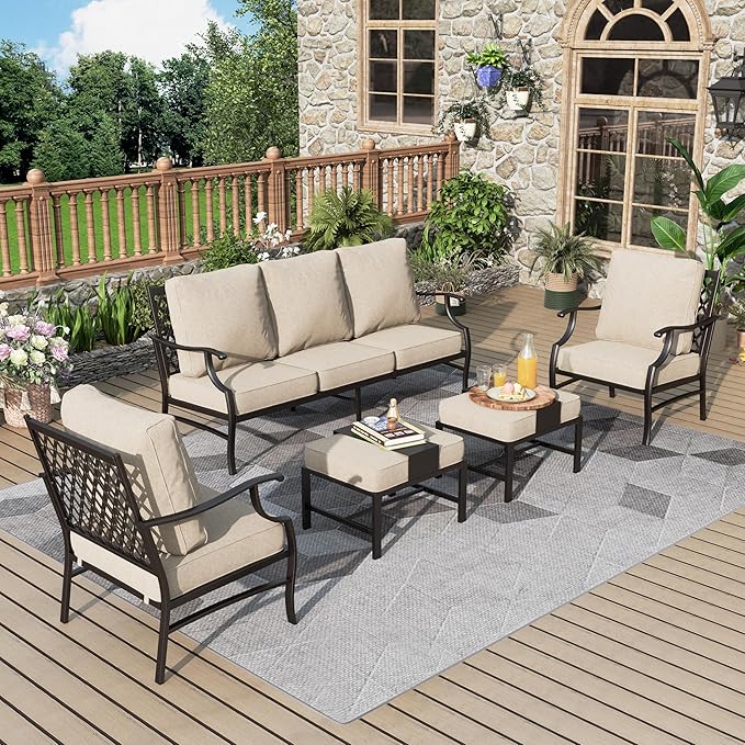 Patio Furniture Set 5 pcs, Outdoor Patio Furniture, 3-Seat Sofa, 2 Single Chairs, 2 Ottomans and 5.75" Extra Thick Cushion, Patio Conversation Set for Garden Backyard Deck,Beige