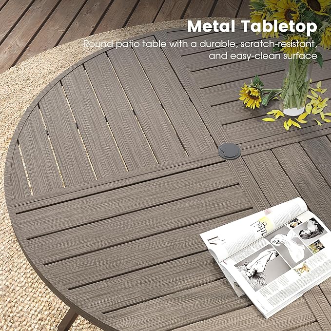 DIFY 7 Pieces Outdoor Patio Dining Set, 6 Grey Textilene Swivel Dining Chairs and 47.2" Grey Wood-Like Round Metal Dining Table, Outdoor Table and Chairs