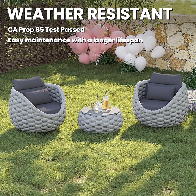 Porch Furniture Chair: Patio Accent Chair Aluminum - Woven Rope Cushioned Armchair Assembled - Modern Lounge Single Chair - All Weather 400lbs for Deck Balcony Yard Garden Hotel Poolside, Gray