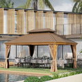 12' X 16' Hardtop Gazebo, Aluminum Wood-Looking Frame Outdoor Permanent Galvanized Steel Double Roof Pavilion Pergola Canopy with Privacy Curtains for Garden, Patio, Backyard, Deck and Lawns.